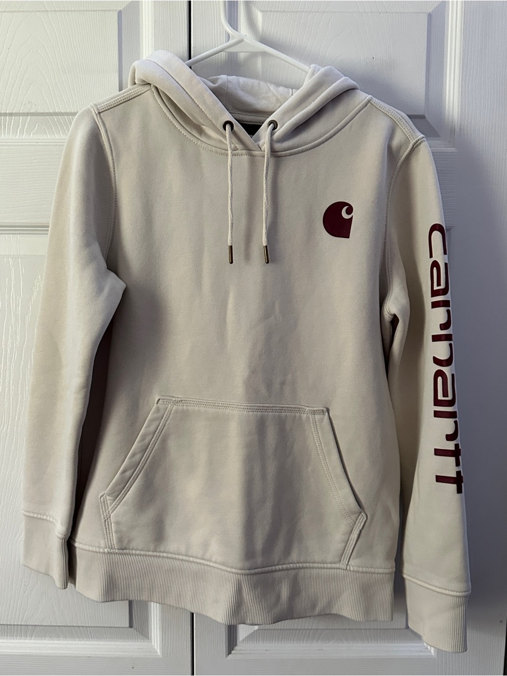Carhartt Cream Pullover Hoodie with Maroon Logo and Sleeve Script